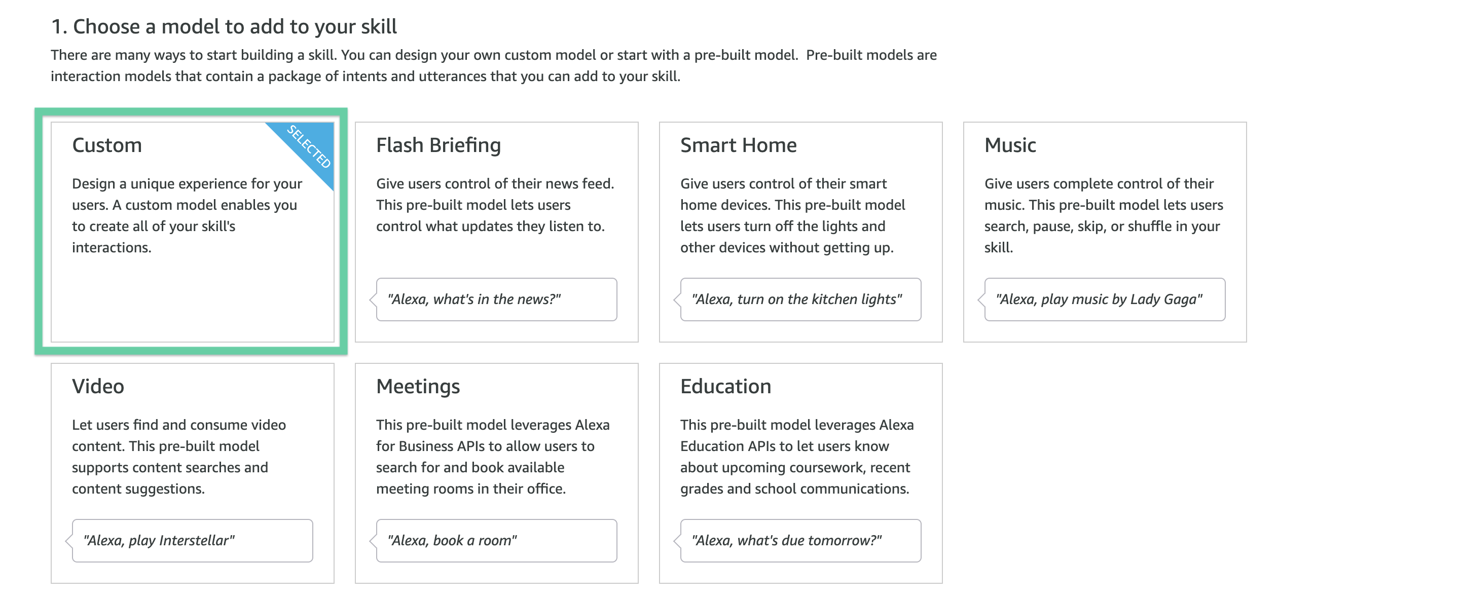 Alexa Skills Step 5 Choose a Model