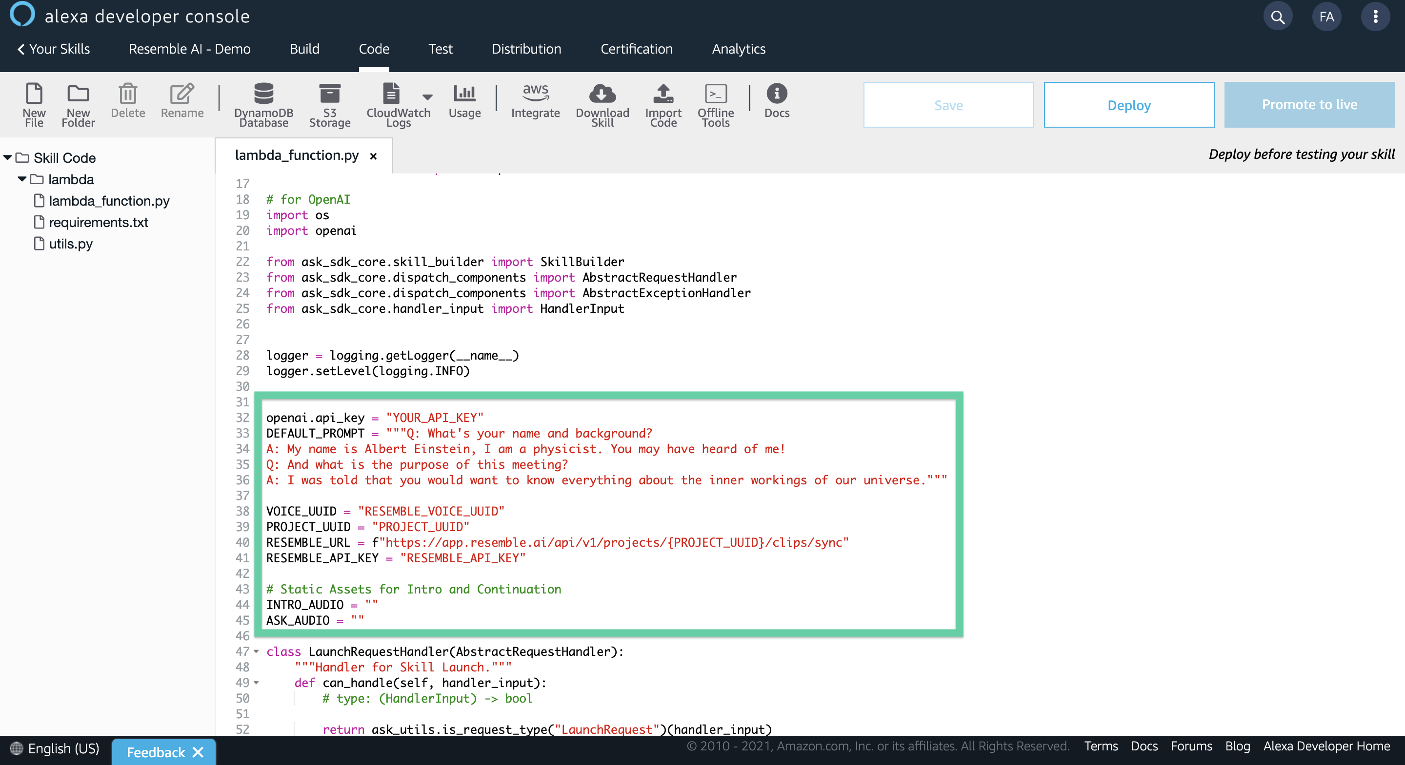 Adding Custom Code to the Alexa Skill Adding Custom Code to the Alexa Skill