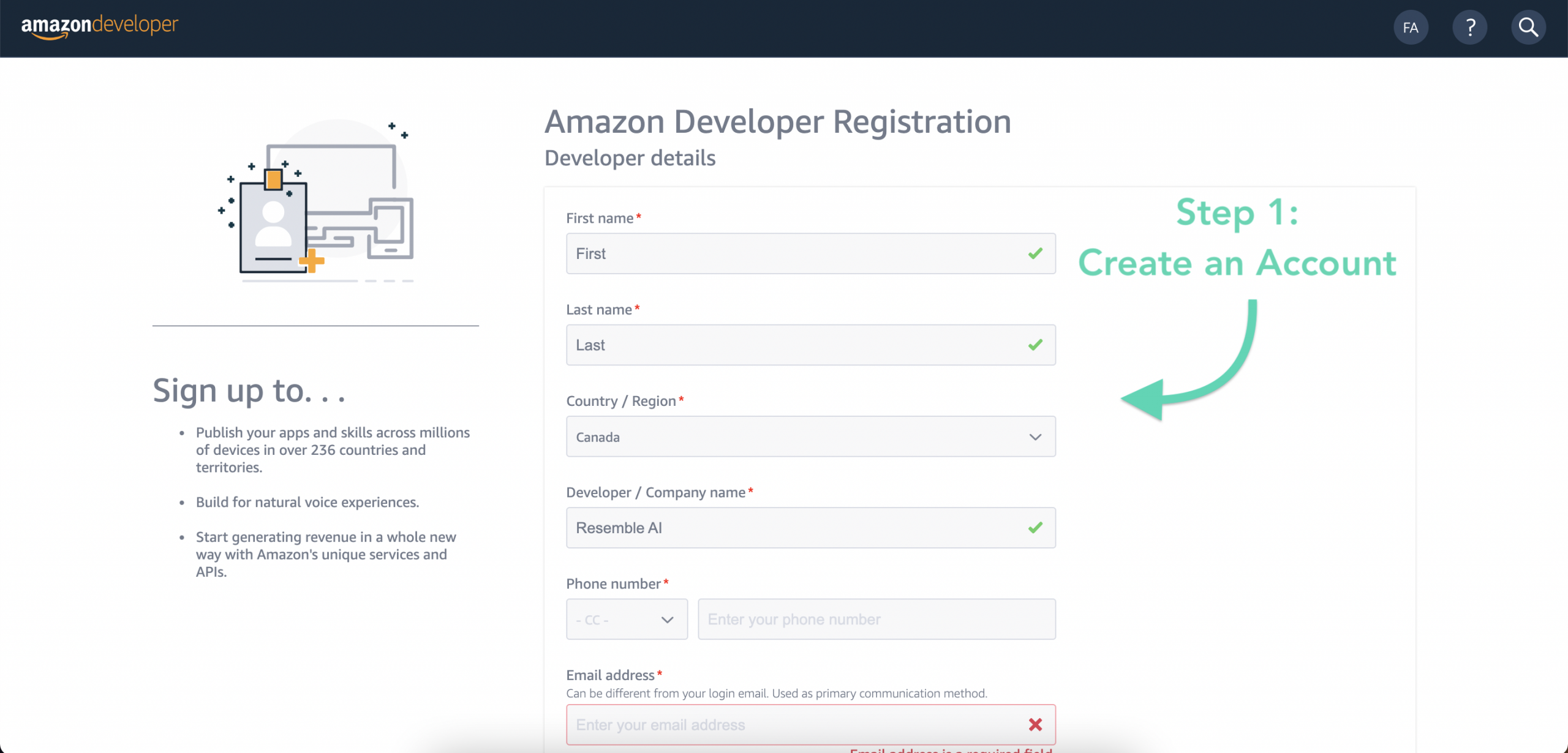 Amazon Developer Account Sign Up Page