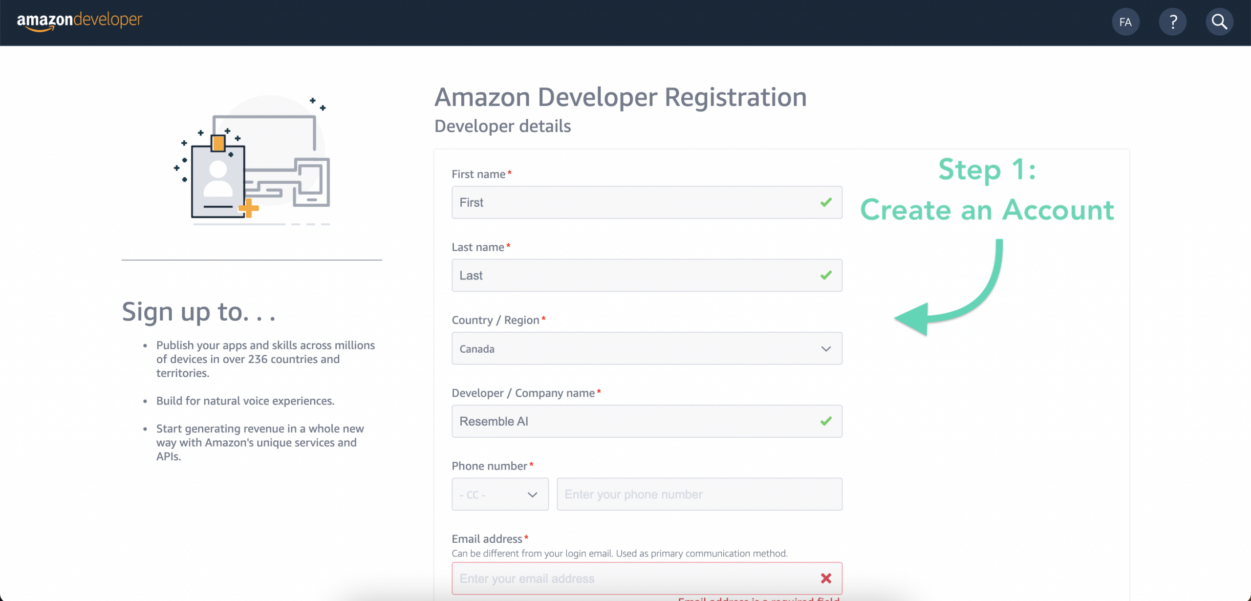 Step 1 Amazon Developer Account Sign Up Page