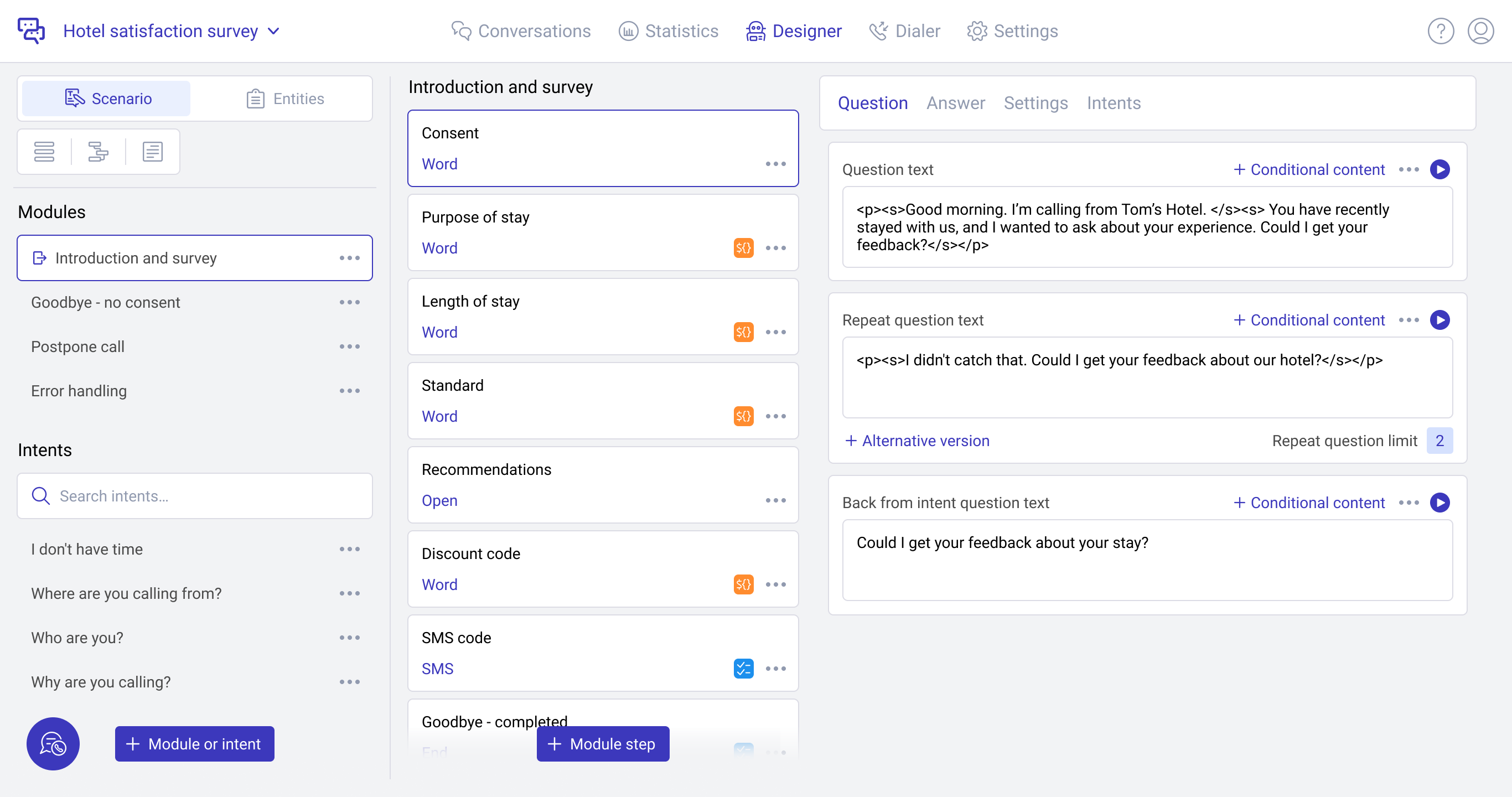 Talkie.ai - Conversation Designer Module Talkie.ai UI Screenshot Conversation Designer