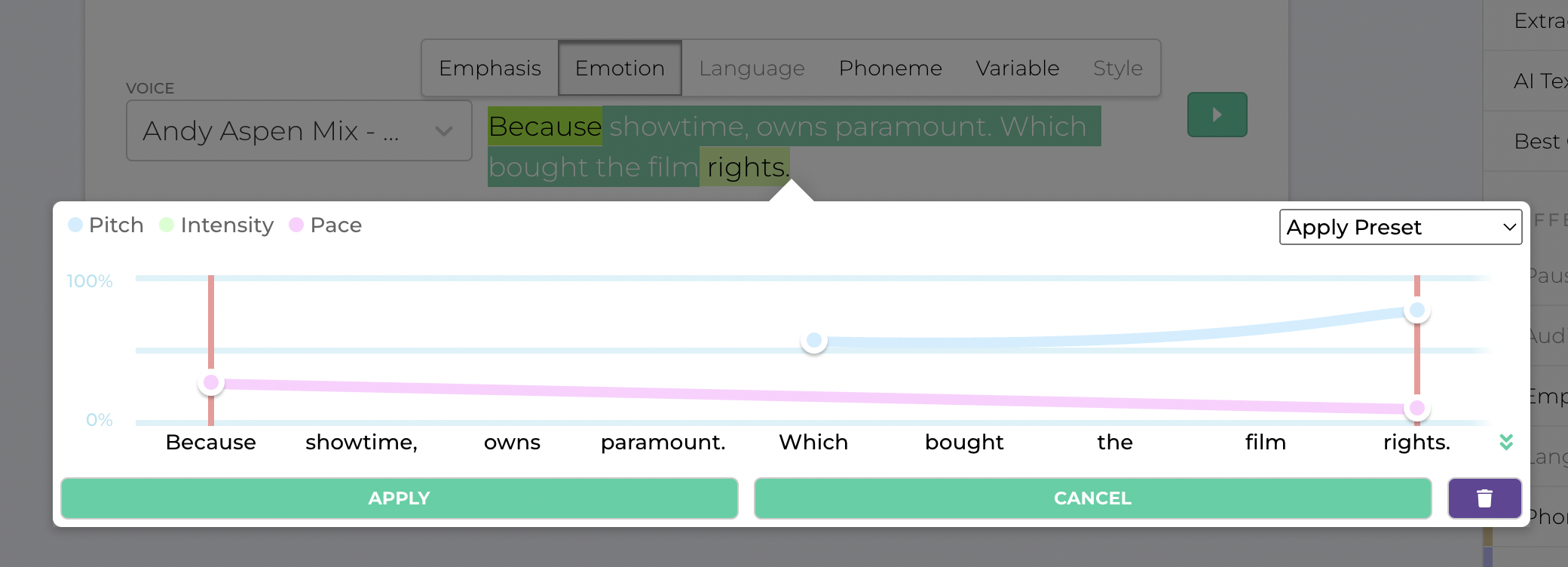 A view of Resemble AI’s emotion editor used to create specific styles and tones for delivery.