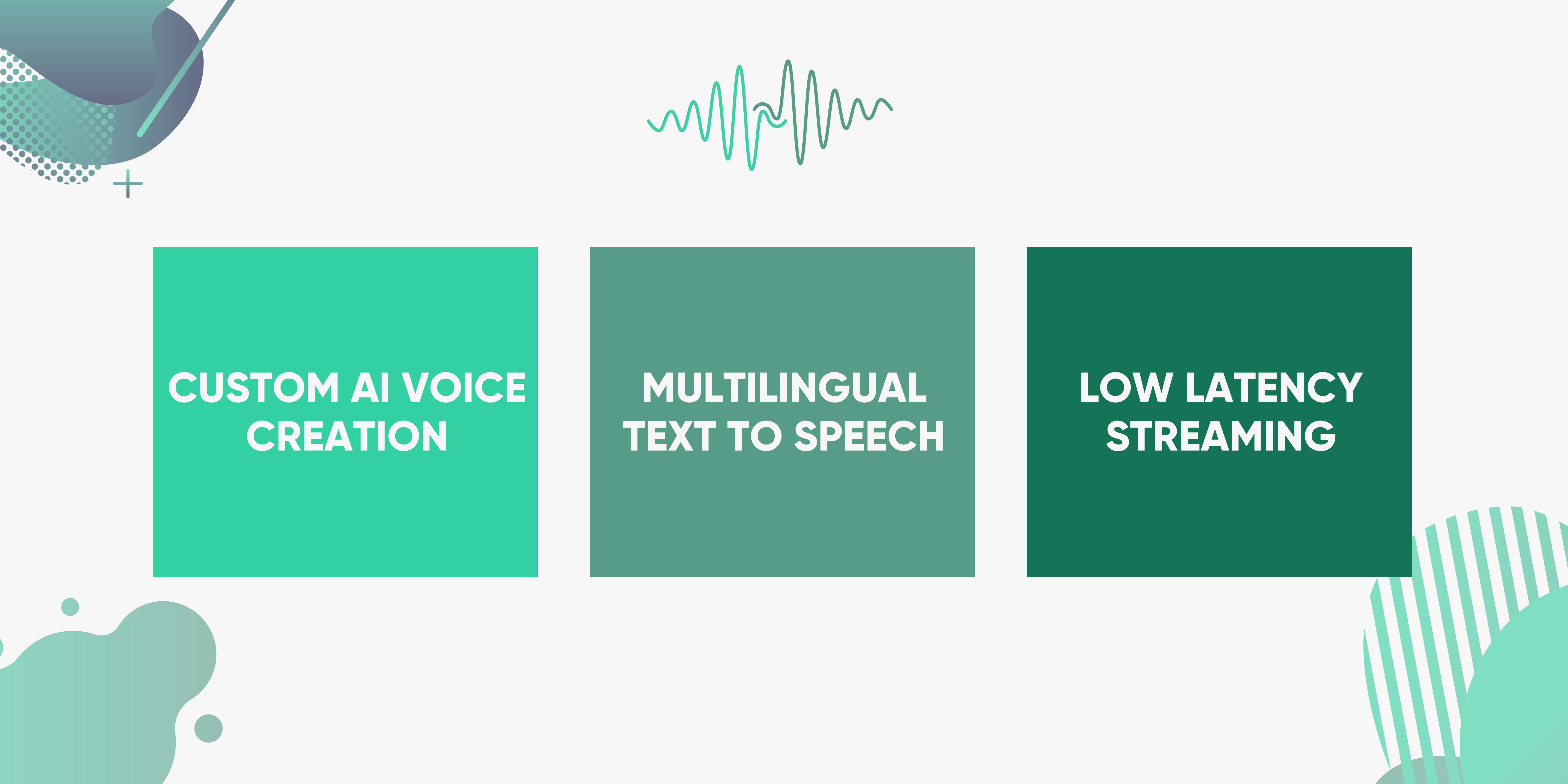 features Infographic showcasing Custom AI Voice Creation, Multilingual Text to Speech, and Low Latency Streaming features.