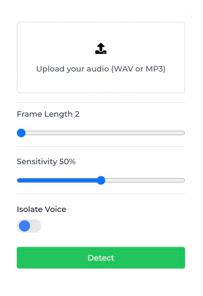 controls-dfd Controls for Resemble Detect. Change frame length, sensitivity, and isolate voice.