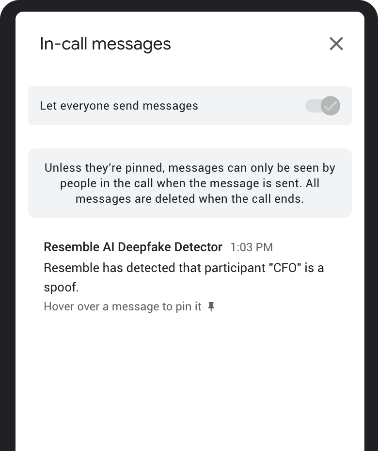 MessagesDFD In Meet messages sent by Deepfake Detection Bot