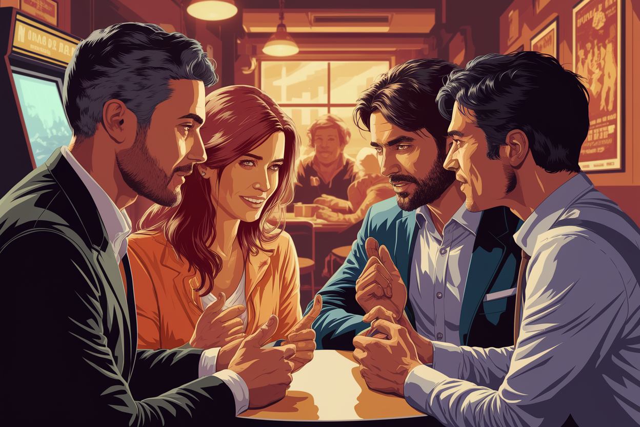 Vector art of many game characters conversing with each other