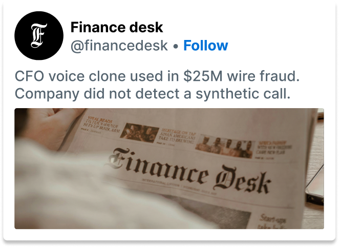 Finance desk tweet about voice clone fraud