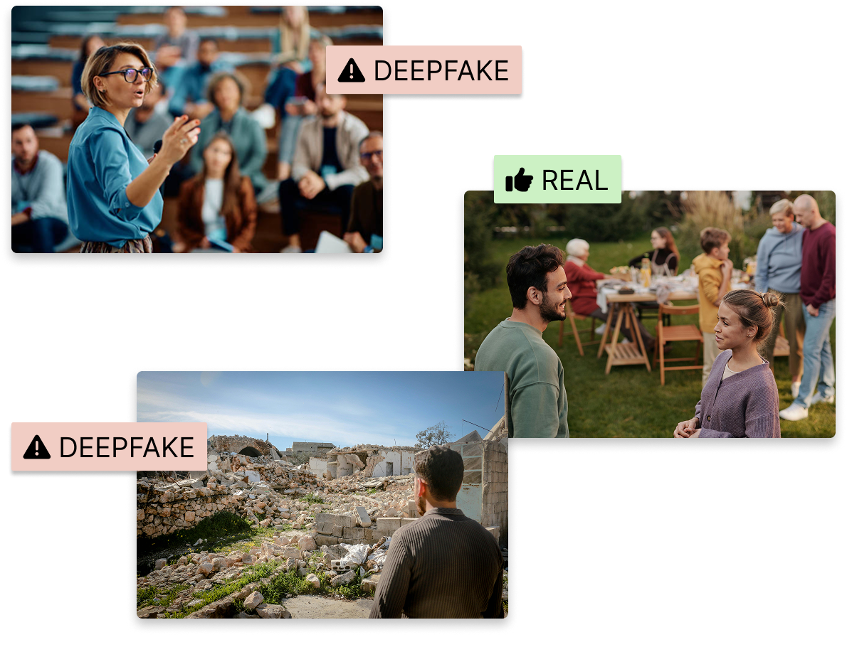 Deepfake and real media examples with labels